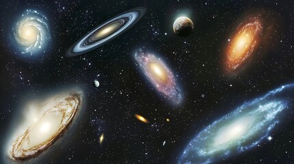 Cosmic galaxies, nebulae, planets, starscape, space exploration, educational poster.