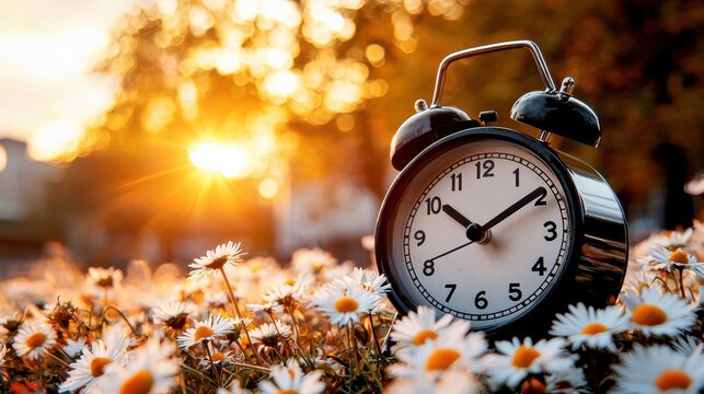 Morning sunrise with alarm clock among flowers nature scene floral environment peaceful viewpoint