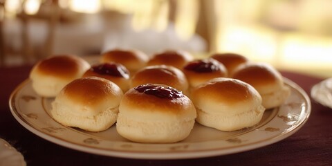 A plate of freshly baked cream buns filled with whipped cream and jam, Bolludagur, highlighting the joy of sweet, fluffy treats, ,