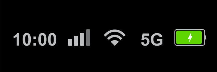 Status bar icon isolated on white background. Phone bar status Icons, battery drain in green, Mobile indicator of time, Wi-Fi signal. Vector Illustration