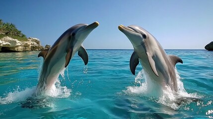 Naklejka premium Two dolphins leaping from the ocean, facing each other.