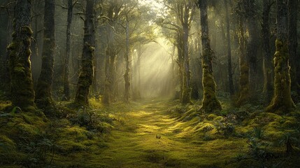 Obraz premium A serene forest scene with sunlight filtering through trees and lush greenery.