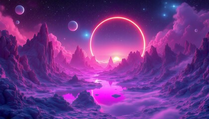 Vibrant alien landscape with a glowing ringed sun