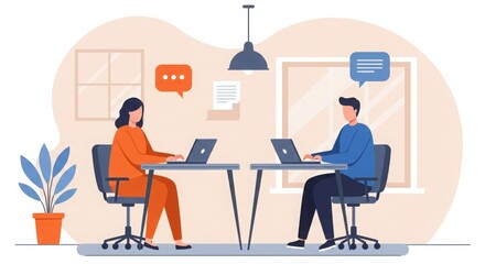 Office meeting, two colleagues, workspace collaboration, minimalist illustration, flat design