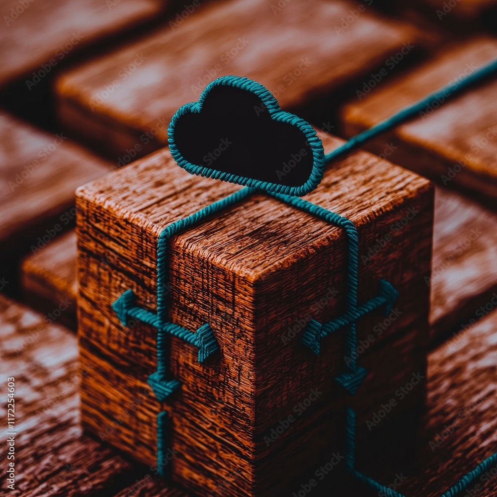 Poster wooden cube cloud data storage concept secure network transfer illustration