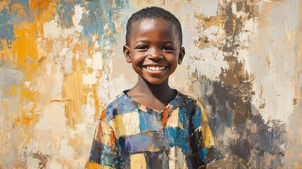 Happy African boy smiling against a textured wall.