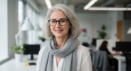Fototapeta premium Professional Woman with Silver Hair, Glasses, Warm Smile in Office