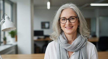 Fototapeta premium Professional woman, silver hair, black-rimmed glasses, warm smile, office environment, bright