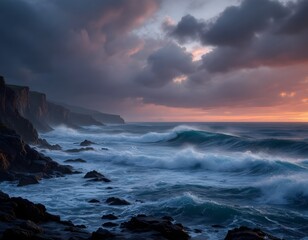 Obraz premium Dramatic Coastal Sunset: Ocean Waves Crashing on Rugged Cliffs