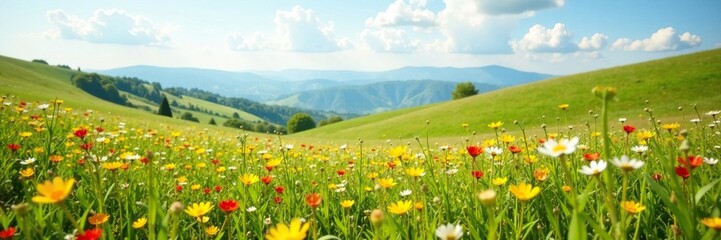 Fototapeta premium Rolling hills with wildflowers swaying in the breeze at midday, wind, wildflower, bloom