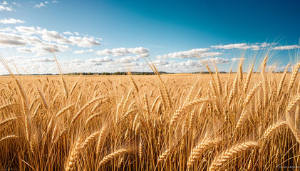 Golden wheat field stretches under a bright blue sky.