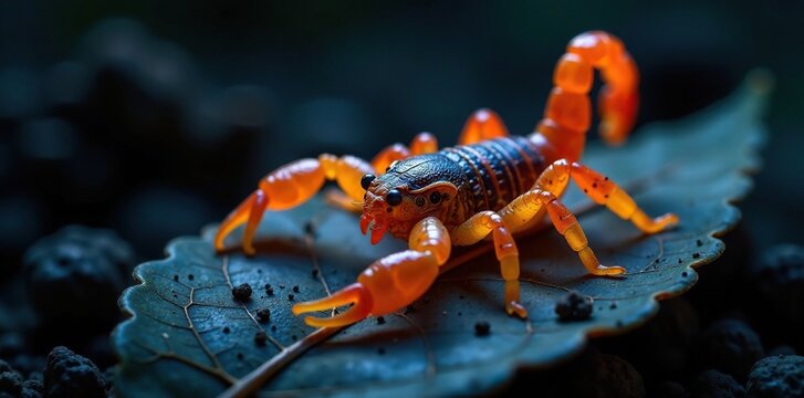 Scorpion Buthus occitanus glowing with UV light on a dry leaf, dry environment, reptile, leaf