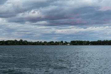 Lake Ontario water edge near downtown Toronto onto the islands across Lake Ontario