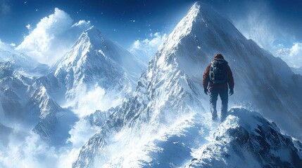 A person wearing a red jacket and blue pants stands on a snowy mountain peak