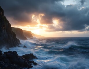 Obraz premium Dramatic Coastal Sunset: Rocky Cliffs and Turbulent Waves