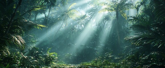 Sunbeams pierce through lush tropical rainforest.