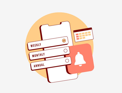 In-app subscription plans - weekly, monthly and annual options. App monetization, subscription reminders, recurring payments and digital services management. In-app purchases flat vector illustration