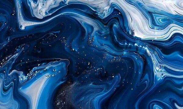 An abstract image featuring swirling patterns of deep blue and white, resembling ocean waves or fluid movement, creating a calming and artistic visual effect.