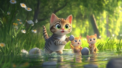 Obraz premium Playful Kittens: A Charming 3D Animated Scene in a Sunlit Forest
