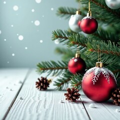 Fototapeta premium Snowy pine branches with red and white Christmas ornaments on the floor, tree branches, festive decorations, pinecones