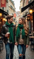 Obraz premium Couple enjoying a stroll through a charming street with drinks on St. Patrick's Day