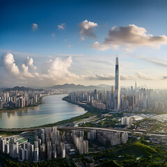 Naklejka premium Fusion of Tradition and Modernity: Breath-Taking Aerial View of Inspiring Guangzhou Cityscape Against the Canvas of The Sky