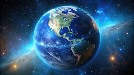 Obraz premium Starry galaxy envelops a vibrant blue planet; stunning space photography wallpaper.