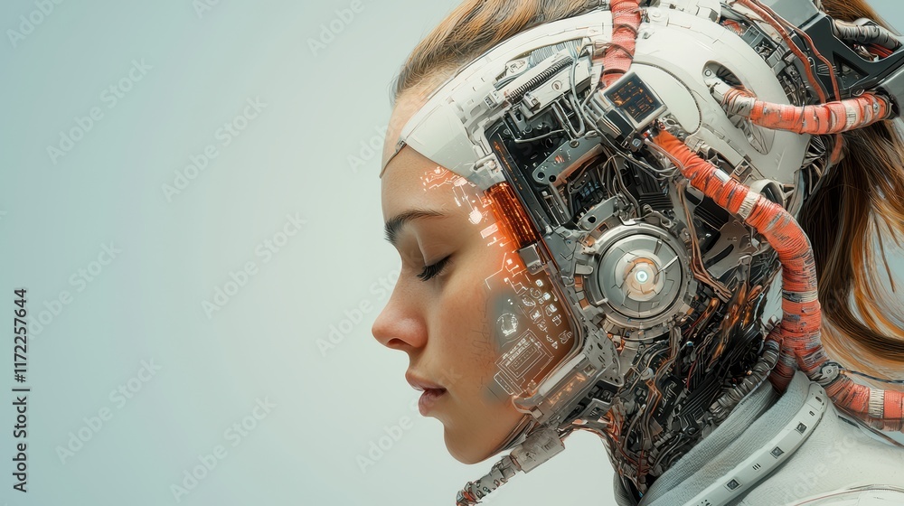 Aufkleber exploring futuristic human-robot interaction digital realm concept art sci-fi environment side view