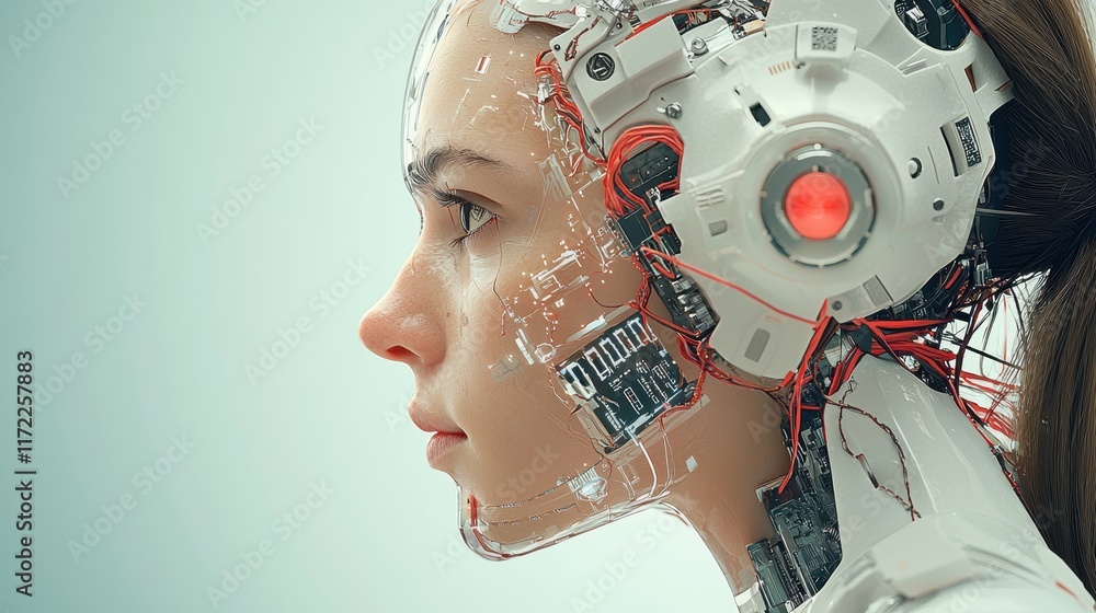Poster a futuristic profile of a humanoid robot with intricate circuitry, blending organic and mechanical f