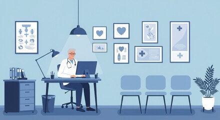 Medical office interior, doctor's consultation room, middle-aged professional with glasses
