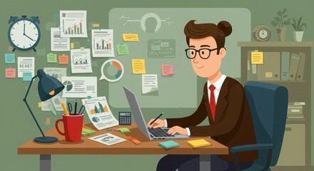 Business professional, cartoon character, glasses, laptop, office desk, busy workspace, data charts