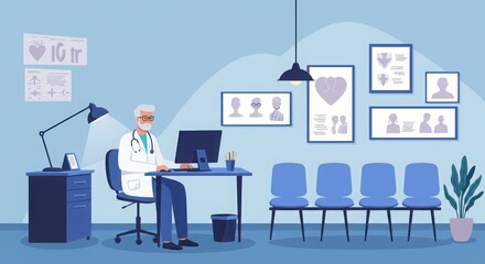 Medical office interior, doctor's consultation room, middle-aged professional with glasses