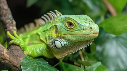 Obraz premium Close-up of a Green Iguana in Lush Foliage