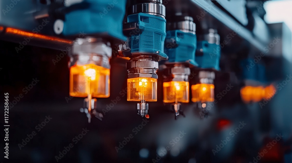 Poster industrial automation close up of illuminated robotic arms in a modern factory setting
