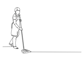 Woman mopping floor in continuous one line drawing. Single line art illustration of cleaning service worker. Editable vector.