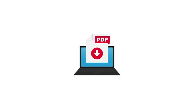 Download PDF icon file with label on laptop screen. Downloading document concept. Motion graphics.