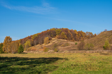 Autumn aerial landscape. Hills, forest, autumn leaf color trees, blue sky at sunny day.