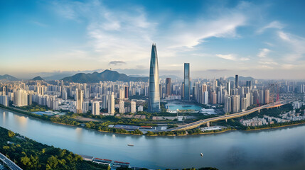 Naklejka premium Fusion of Tradition and Modernity: Breath-Taking Aerial View of Inspiring Guangzhou Cityscape Against the Canvas of The Sky