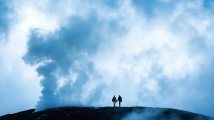 Two figures stand on a hill amidst dramatic clouds and mist.