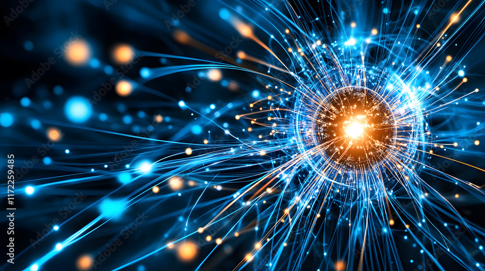 Poster a vibrant representation of energy and motion, showcasing a central luminous orb surrounded by dynam