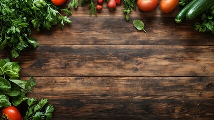Fresh vegetables and herbs including tomatoes, zucchini, parsley, and spinach arranged on a rustic wooden table background.