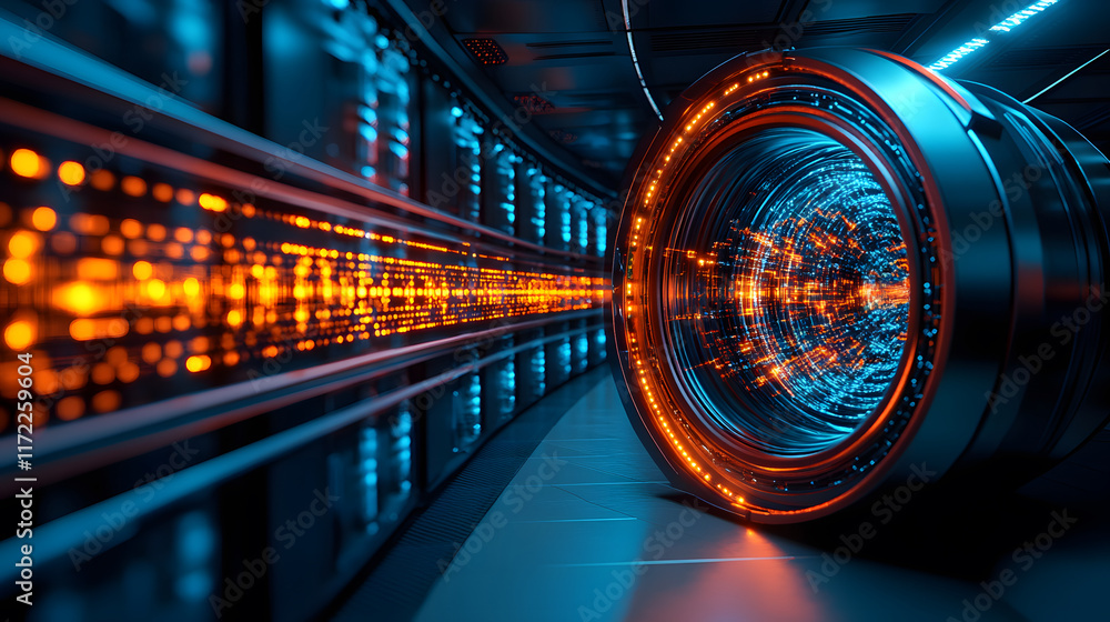 Poster a futuristic tunnel with glowing orange and blue lights, highlighting advanced technology and motion