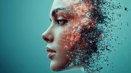 A digital portrait of a woman's face dissolving into abstract particles, blending technology and beauty in a surreal, artistic representation.
