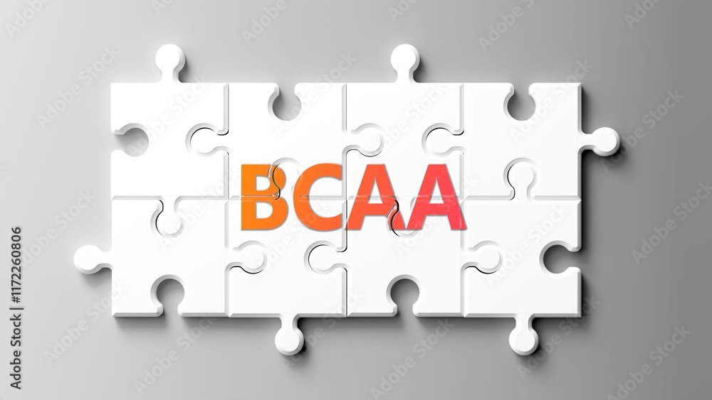 Aufkleber Bcaa complex like a puzzle - pictured as word bcaa on a puzzle pieces to show that bcaa is complex and needs cooperating pieces that fit together. ,3d illustration