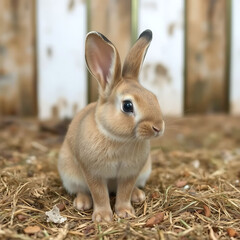 Fototapeta premium Cute Brown Rabbit Sitting on Straw Ground
