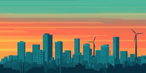 Fototapeta premium Sunset urban skyline with wind turbines cityscape digital art modern environment vibrant viewpoint