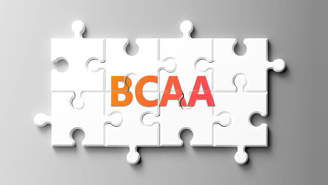Bcaa complex like a puzzle - pictured as word bcaa on a puzzle pieces to show that bcaa is complex and needs cooperating pieces that fit together. ,3d illustration