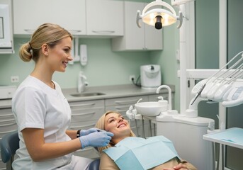 Obraz premium dental office, patient in chair, dentist consultation, bright smile, clean environment