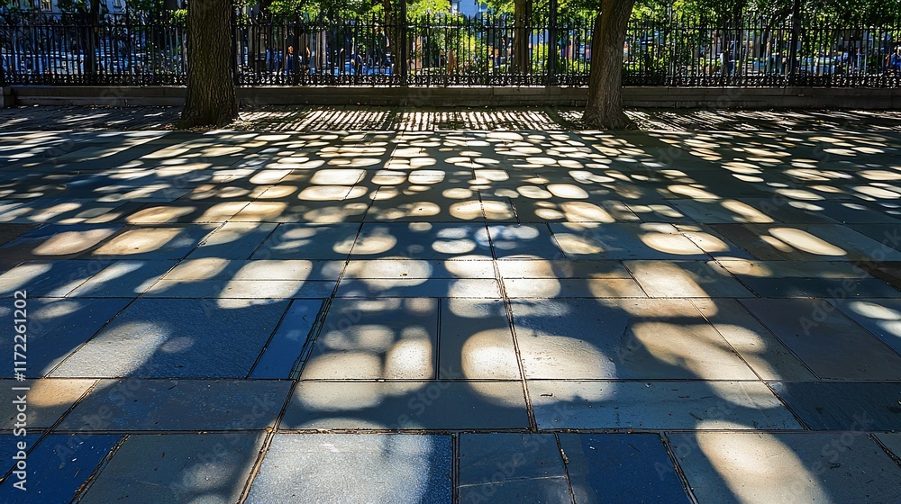 Aufkleber sunlight filtering through trees, casting dappled shadows on pavement.