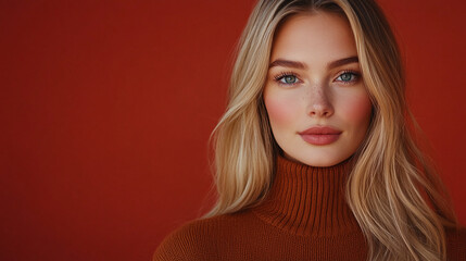 Naklejka premium Portrait of beautiful young woman with blonde hair wearing brown turtleneck sweater, copy space. autumn fall season fashion style clothes wear, brunette girl model, elegant trend style, winter outfit.